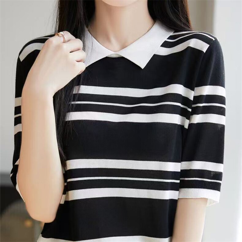 夏款莱赛尔天丝娃娃领条纹短袖女半袖T恤Polo翻领针织衫上衣,女装T恤,萱芳婷羊绒