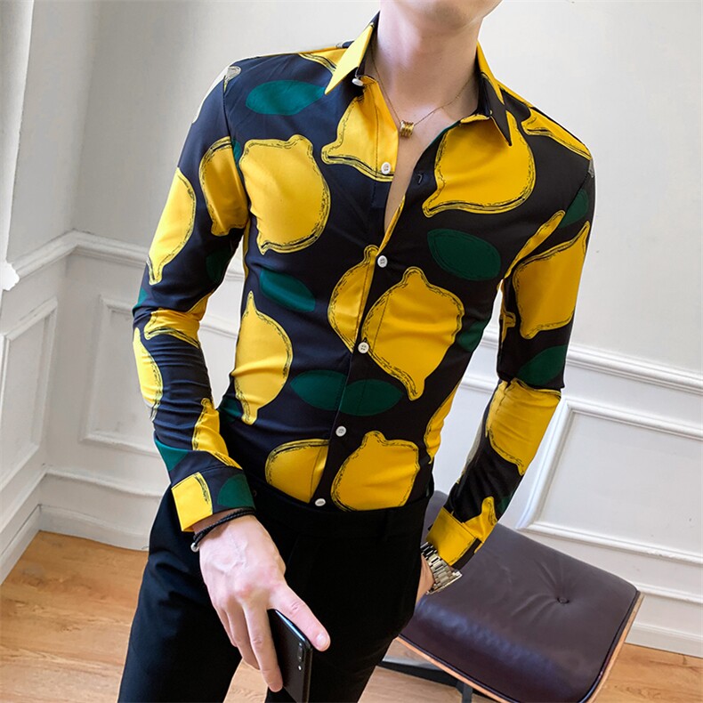 312A-922-P55新款社会精神小伙长袖衬衫男柠檬图案衬衣9，男装衬衫，星座312A-5
