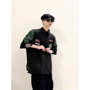 美式高街hiphop嘻哈赛车服短袖衬衫夏季潮牌机车POLO领短袖上衣图片