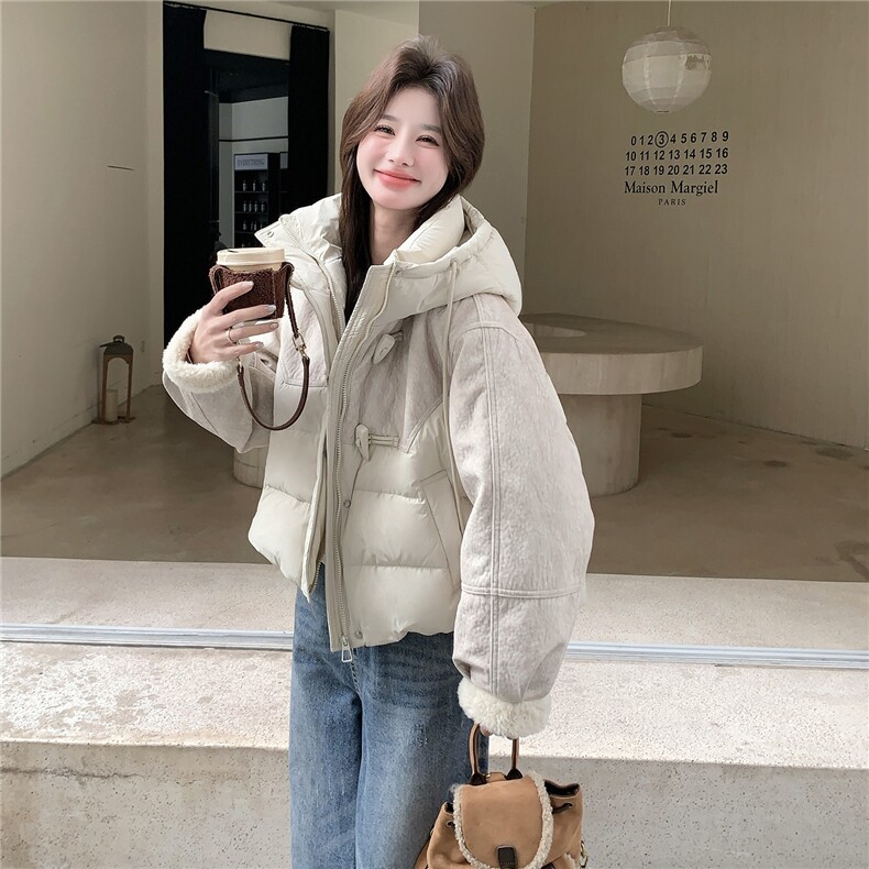毛呢拼接羽绒服女冬季2025新款连帽保暖夹棉好看短外套,女装羽绒服,2C218