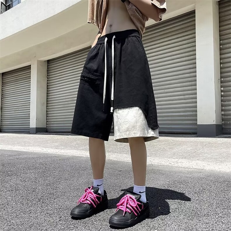 美式高街vibe破洞短裤男士夏季潮牌痞帅宽松休闲设计感小众五分裤,男装休闲裤,星座601-2