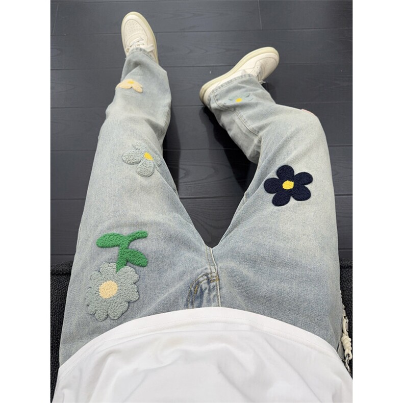 B221美式ins高街暗黑毛巾绣宽松直筒牛仔裤LK25497-特P45控89，男装牛仔裤，电商B221