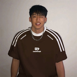 夏季美式高街重磅纯棉三条杠织带撞色男女短袖T恤ZD338-特P30图片