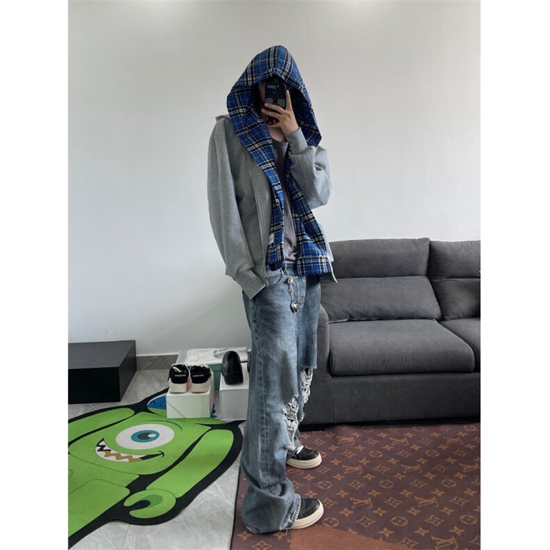 【有货】假两件格子拼接卫衣男款设计感连帽开衫外套JL97CC-特P68,男装卫衣,星座1007（原301D）