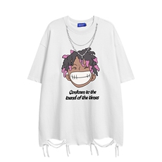 白底夏季时尚百搭卡通印花流苏做旧水洗短袖T恤DT6341P45控68，男装T恤，电商A268-1