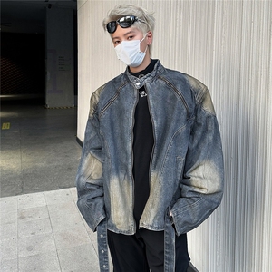 2025秋新款水洗立领收腰腰带垫肩短款牛仔外套夹克JK8962