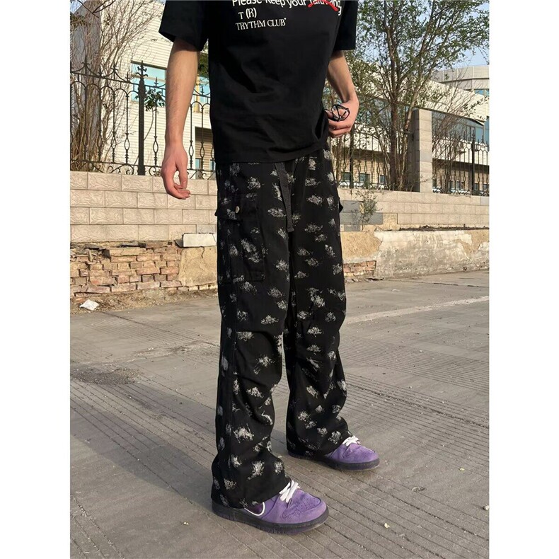 美式风泼墨印花直筒牛仔裤男高街潮流休闲垂感百搭阔腿裤NK7117,男装牛仔裤,星座1116A（原606A-3）