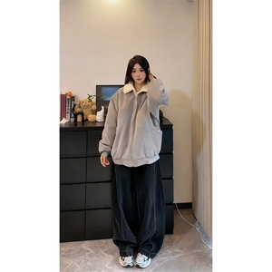 现货重磅硬挺boxy羽绒棉衣座山雕羊羔毛领洗水麂皮棉服冬外套图片