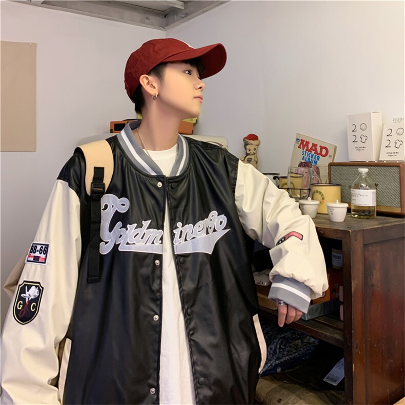 新款双层PU皮重工棒球服M-3XL大码加厚ins潮流W2234-P55,男装夹克,星座512-2