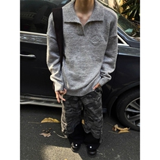 灰色慵懒风v领毛衣男女冬季美式复古polo领针织衫翻领内搭打底衫，男装T恤，星座506A