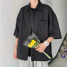 港风复古简约纯色牛仔短袖衬衫男潮牌夏季百搭学生衬衣CS408-p43，男装衬衫，星座1008