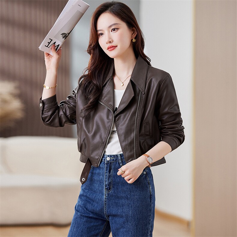 皮衣外套女春秋短款夹克k2023春秋装新款韩版宽松复古港风上衣,女装皮衣,江南女神