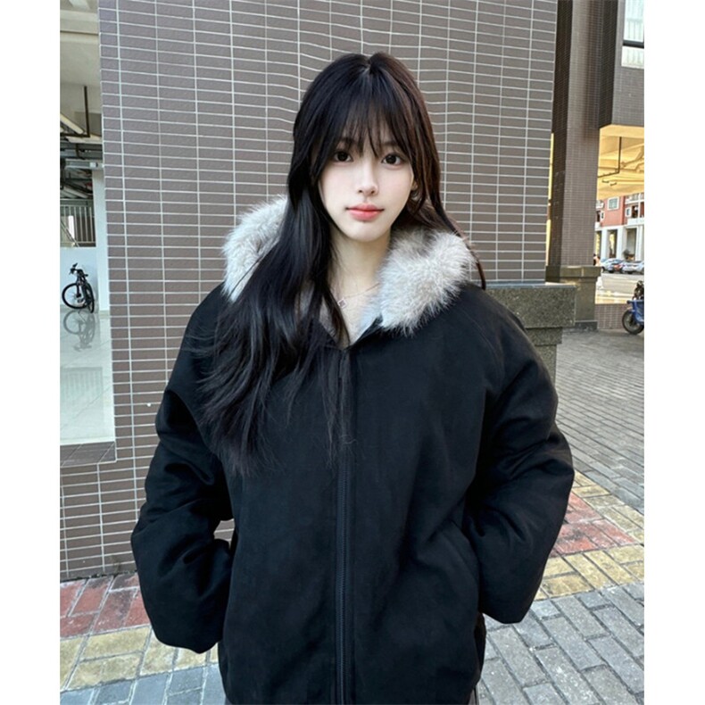 美式复古猫耳朵座山雕棉衣外套男女冬季加绒加厚毛领连帽情侣棉服,男装棉衣,电商B323A