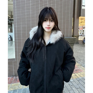 美式复古猫耳朵座山雕棉衣外套男女冬季加绒加厚毛领连帽情侣棉服图片