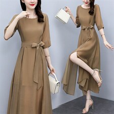 时尚天丝连衣裙女2025年夏季新款气质收腰高级感长款薄款法式裙子，女装连衣裙，关键词