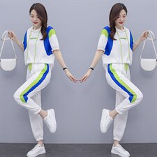 短袖时尚套装女2022夏季新款女装韩版休闲百搭撞色绣花两件套裤潮，女装套装/套裙，慧尚依恋