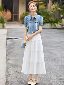 短袖牛仔两件套连衣裙女2025夏季新款外套搭配蕾丝吊带蛋糕裙套装图片