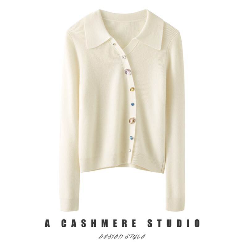 秋冬季新款舒适时尚百搭女士宝石扣35%羊绒衫开衫，女装羊绒衫，戎美山