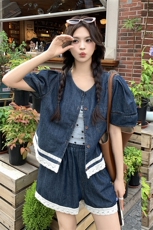 蓝色炸街休闲薄款牛仔女小个子夏新款蕾丝拼接上衣短裤，女装防晒衣，2C092