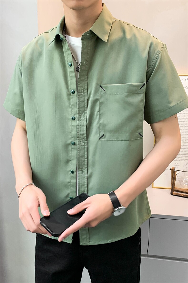 夏季轻熟店主小伙纯色宽松休闲短袖衬衫男衬衣A236-C02-P45-控69,男装T恤,电商A236