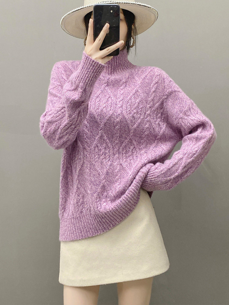 2025年秋季甜美长袖花纱半高领时尚百搭通勤，女装针织衫/毛衣，织绒羊