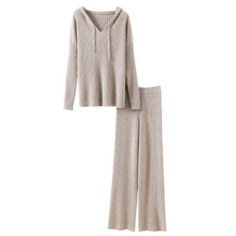 25秋冬连帽100%纯羊毛衫两件套女宽松套头毛衣休闲羊绒阔腿裤套装,女装套装/套裙,暖思雅