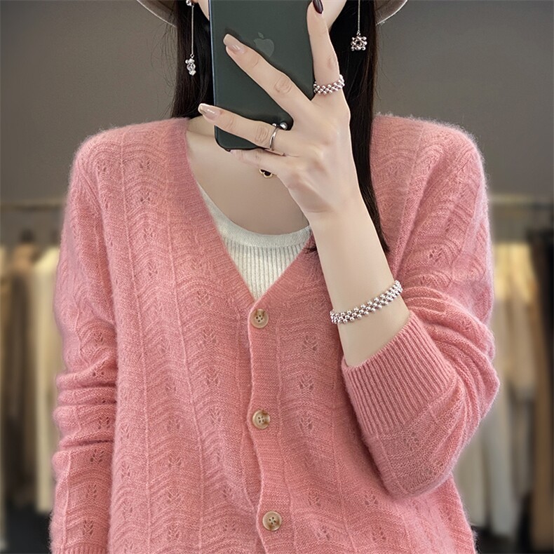 100%纯羊毛开衫女V领镂空毛衣外套2025秋冬新款羊绒衫针织衫外搭,女装羊毛衫,邓利维