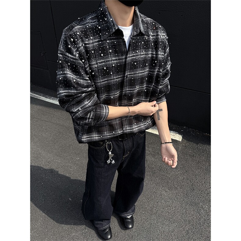 满天星重工烫钻衬衫男长袖美式复古宽松格子衬衣外套CSCS25003P95,男装衬衫,星座512-1（原513-3）