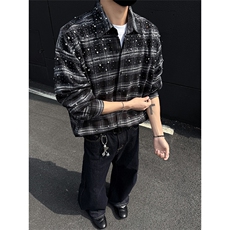 满天星重工烫钻衬衫男长袖美式复古宽松格子衬衣外套CSCS25003P95，男装衬衫，星座512-1（原513-3）