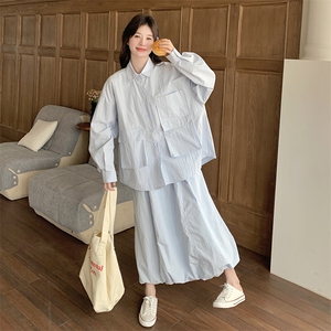 蓝色休闲小众不撞款套装女夏季2025新款气质长袖衬衫半身裙两件套图片