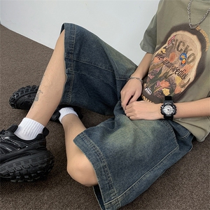 美式复古水洗高街牛仔学生短裤男女直筒阔腿做旧休闲百搭七分裤潮,中袖上衣搭配阔腿图片