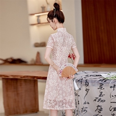 中式蕾丝连衣裙女夏季新款国风刺绣奥黛长裙气质修身改良日常旗袍，女装连衣裙，利佳可人