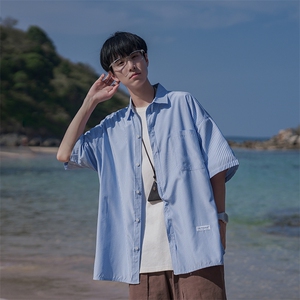 B225-C6063-P58-X75条纹衬衫男短袖夏季日系复古休闲高级感短袖图片
