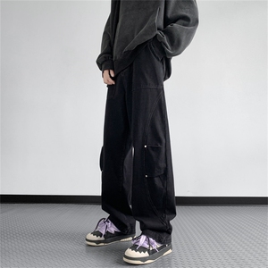 水洗黑色牛仔裤男高街美式复古潮牌vibe直筒裤A080-9002-P55控78