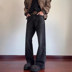 美式高街复古拼接牛仔裤男cleanfit直筒微喇叭潮牌vibe设计感裤子,流行歌曲歌词中的超常搭配图片