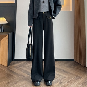 高腰羊毛呢阔腿裤女秋冬新款加厚直筒裤子小个子窄版西装裤图片