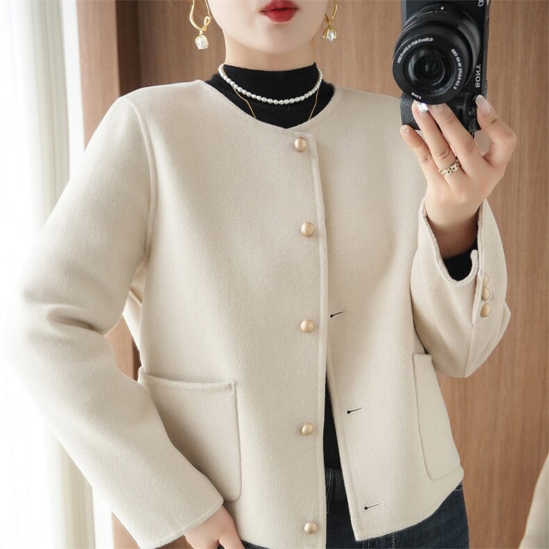 小香风高端双面羊绒大衣女短款小个子圆领2024秋冬新款羊毛呢外套，女装双面呢大衣，悦洋羊绒