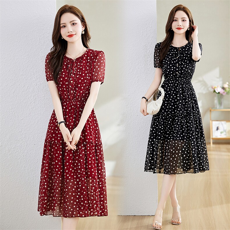 雪纺连衣裙女气质名媛2025夏季新款高端精致修身显瘦波点黑色裙子，女装连衣裙，罗得堡