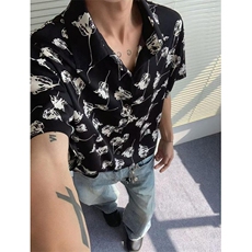 网图！港风复古印花夏季男款衬衫日系宽松衬衣-EX50995-特批30，男装衬衫，电商A061