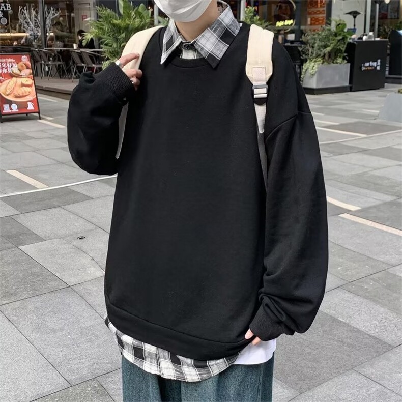 港风格子假两件卫衣男潮牌宽松休闲百搭衬衫领套头长袖外套W10,男装卫衣,星座1116A-1（原606A）