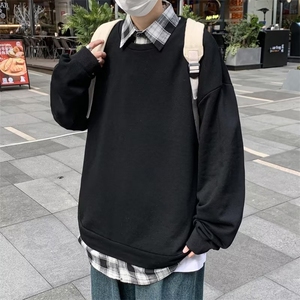 港风格子假两件卫衣男潮牌宽松休闲百搭衬衫领套头长袖外套W10