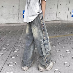 新款风复古牛仔裤设计感男女生直筒裤工装裤子 N2258图片