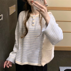 2025年秋季新款百搭女士条纹半开领系扣长袖保暖羊毛衫，女装羊毛衫，新胜羊绒