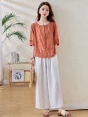 新中式国风套装女2025夏季新款高级感气质显瘦上衣阔腿裤两件套，女装套装/套裙，魅影