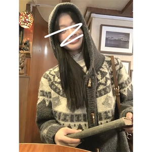 重磅秋冬北极绒开衫毛衣美式复古休闲慵懒风牛角扣针织衫连帽外套