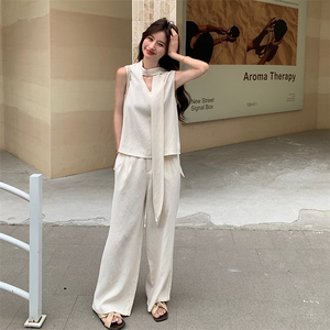 现货2025棉麻飘带蝴蝶结阔腿裤图片
