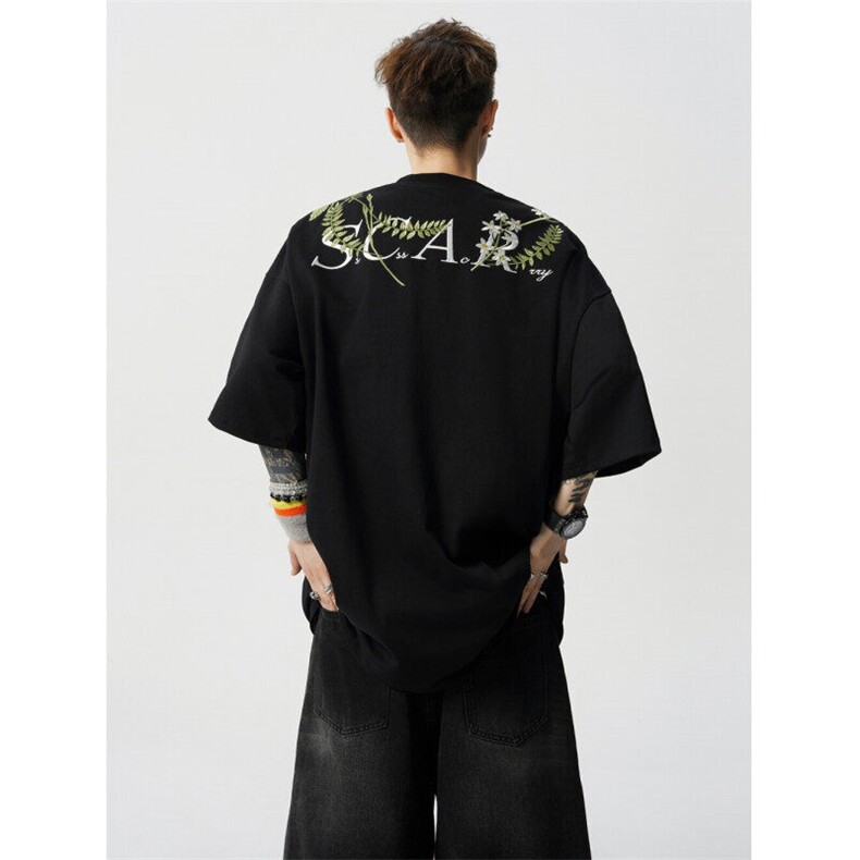 706-LK2552-P38特P现货夏季重磅美式刺绣花卉短袖T恤宽松半袖,男装T恤,星座706