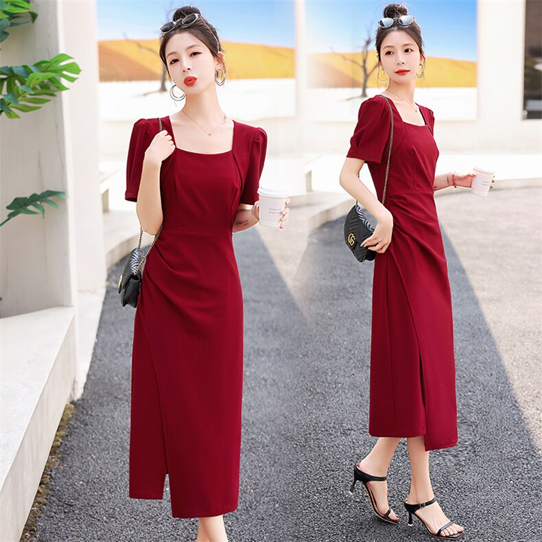 现货新款2025年夏季气质淑女方领高级感收腰显瘦法式连衣裙，女装连衣裙，蓝诺裳