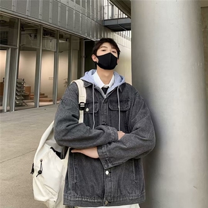 痞帅牛仔夹克男春秋潮牌ins连帽宽松百搭外套潮假两件上衣 JK1181图片