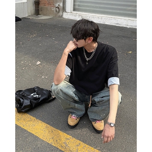 潮牌设计袖口卷边短袖打底T恤潮流上衣短袖T恤背后设计感上衣P42